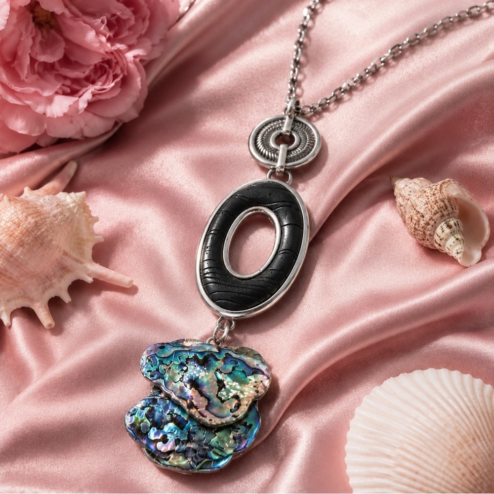 Hand Crafted Abalone & Black Oval Pendant Necklace Choker Up Cycled Custom OOAK